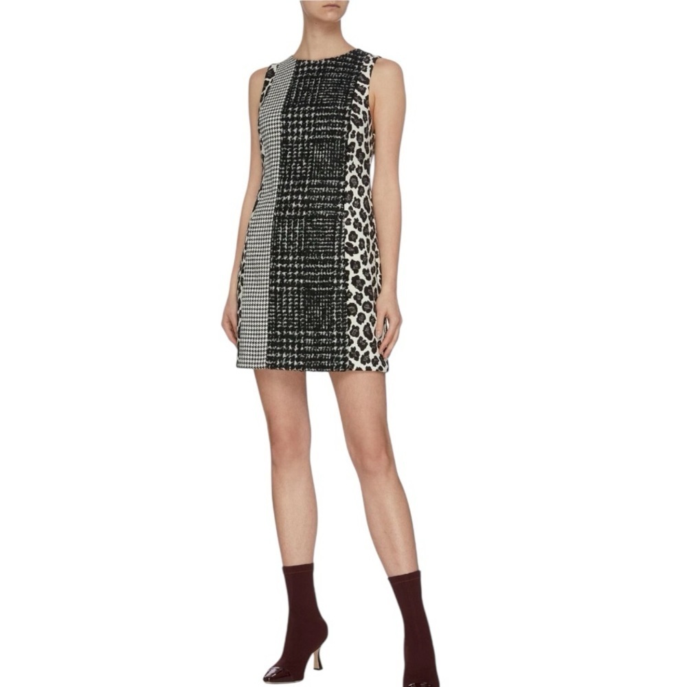 ALICE + OLIVIA Clyde wool-blend tweed, Houndstooth leopard-jacquard dress Sz S